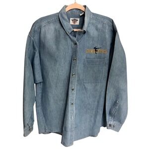 Interstate 80 Button Down‎ Denim Shirt Large GYMNASTICS Embroidered Vintage 90s